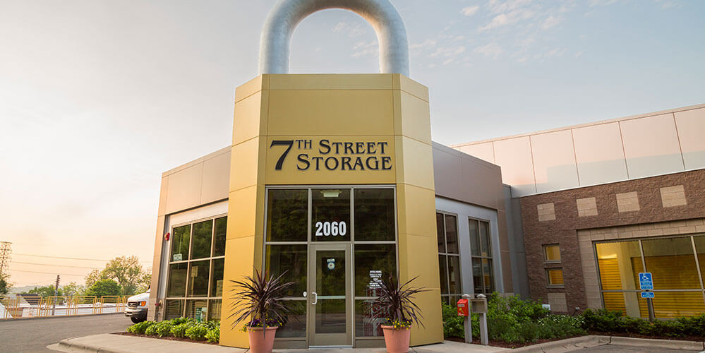 Photo of The 7th Street Storage Storefront the main entrance is shaped like a padlock